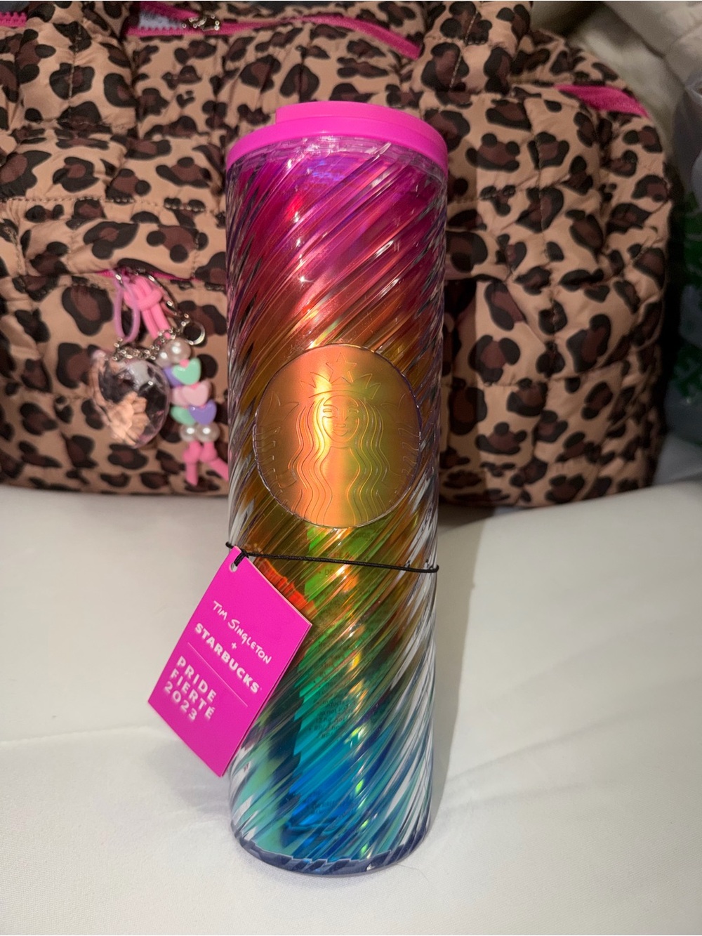 Starbucks Iridescent Rainbow Spiral Tumbler with Hot Pink Lid